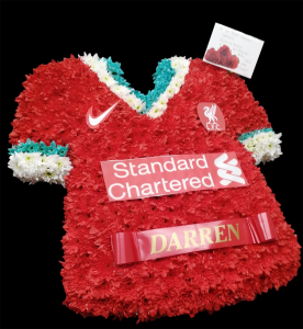 Football funeral tribute Liverpool Funeral floral tributes by Julie McDowell. Liverpool shirt.
